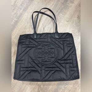 Tory Burch Ella Basketweave Quilted Satin Tote Bag- Black